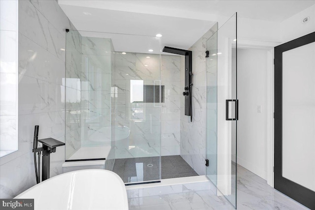 2618 E Hagert St, Philadelphia, PA 19125 - bathroom featuring a freestanding tub, a marble finish shower, marble finish floors, and recessed lighting