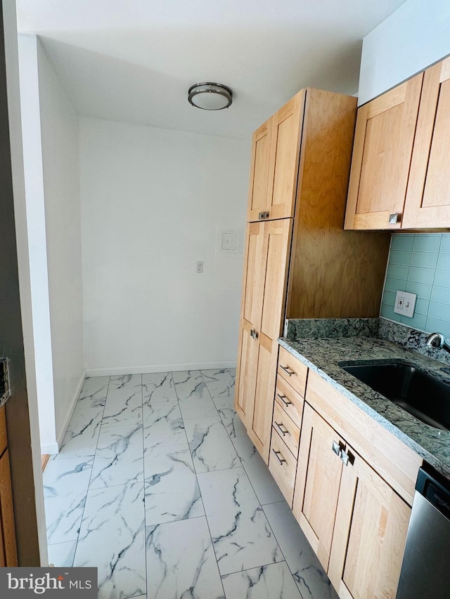 2205 Greenery Ln Unit 104-9, Silver Spring, MD 20906 - kitchen featuring dishwasher, light marble finish floors, light brown cabinets, and dark stone countertops