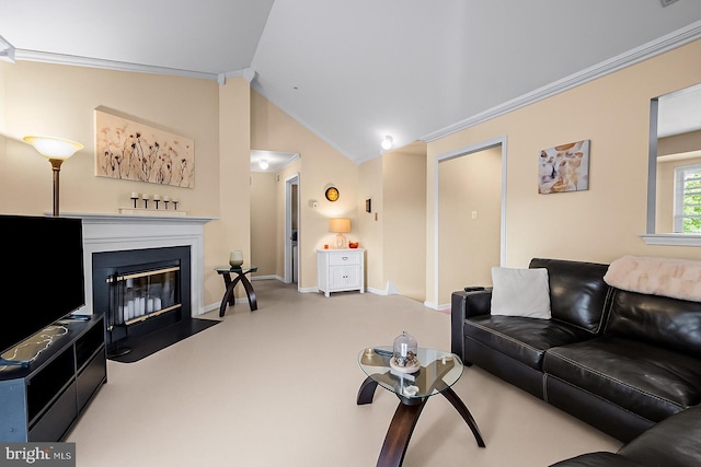 564 Astor Sq, West Chester, PA 19380 - carpeted living room featuring lofted ceiling, ornamental molding, and a fireplace with flush hearth