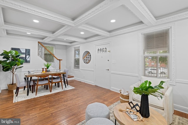 950 E W Hwy, Takoma Park, MD 20912 - foyer with coffered ceiling, wood finished floors, plenty of natural light, beam ceiling, and recessed lighting