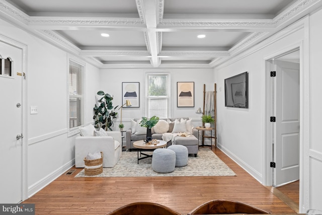 950 E W Hwy, Takoma Park, MD 20912 - living room with hardwood / wood-style flooring, coffered ceiling, recessed lighting, and beamed ceiling