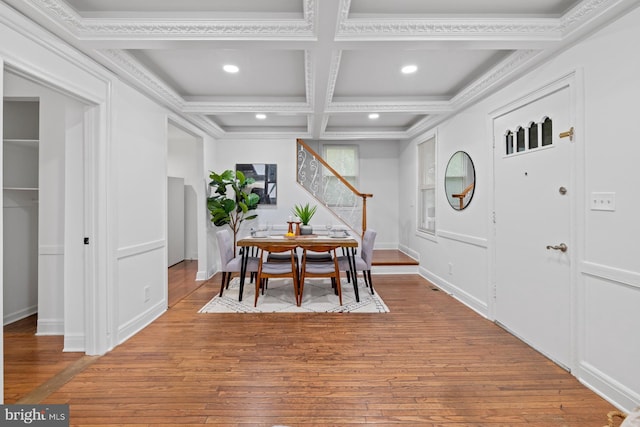 950 E W Hwy, Takoma Park, MD 20912 - dining area featuring coffered ceiling, wood-type flooring, recessed lighting, and beamed ceiling