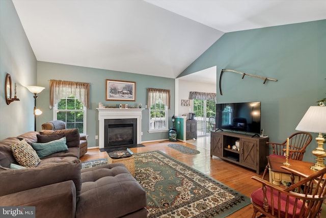 302 Cressent Ct, East Fallowfield Township, PA 19320 - living area featuring wood finished floors, lofted ceiling, and a fireplace with flush hearth