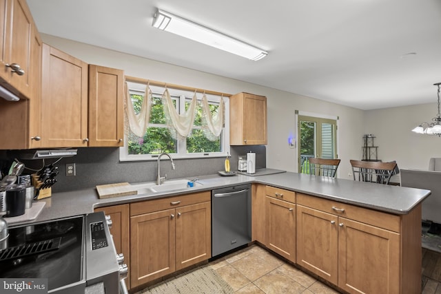724 Franklinville Rd, Mullica Hill, NJ 08062 - kitchen with dishwasher, stove, a peninsula, backsplash, and a chandelier