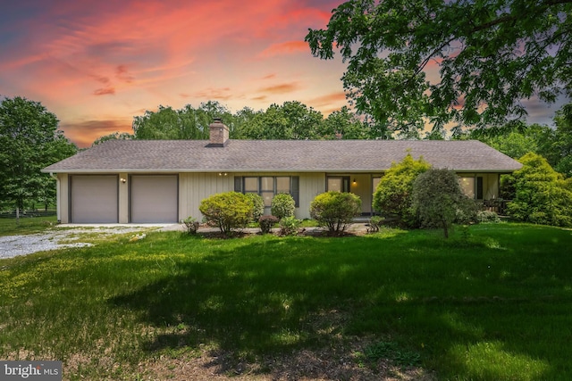 724 Franklinville Rd, Mullica Hill, NJ 08062 - ranch-style house with a chimney, a garage, a front lawn, and driveway