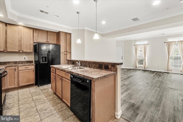 202 Mill Pond Rd, Frederick, MD 21701 - kitchen featuring black appliances, a center island with sink, ornamental molding, recessed lighting, and dark countertops