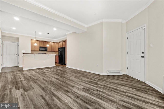 202 Mill Pond Rd, Frederick, MD 21701 - unfurnished living room featuring dark wood-style flooring, recessed lighting, crown molding, and baseboard heating