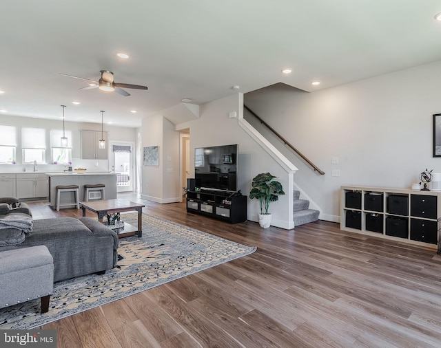 17153 Cumberland Height Dr, Dumfries, VA 22026 - living area with stairway, wood finished floors, a ceiling fan, and recessed lighting