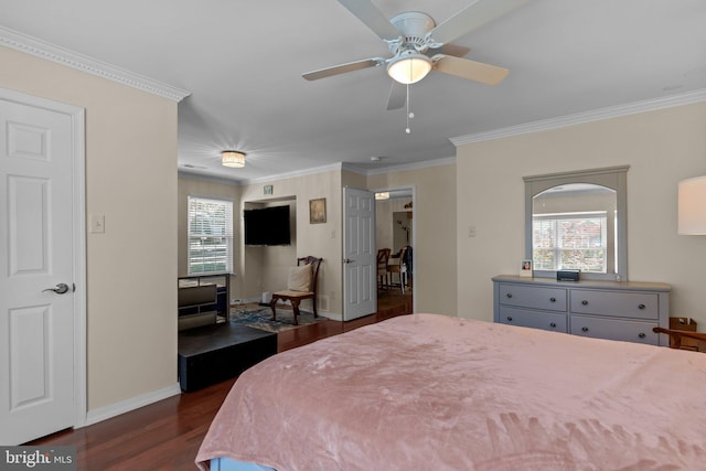 907 Potters Pl, Southampton, PA 18966 - bedroom with dark wood-style flooring, multiple windows, crown molding, and ceiling fan