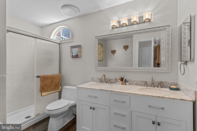 907 Potters Pl, Southampton, PA 18966 - full bathroom featuring double vanity, a stall shower, and wood finished floors