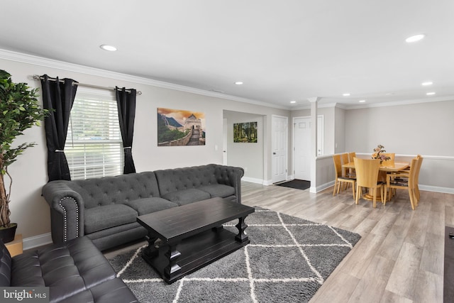 708 Zlotkin Cir, Freehold, NJ 07728 - living area with recessed lighting, light wood-style floors, decorative columns, and crown molding