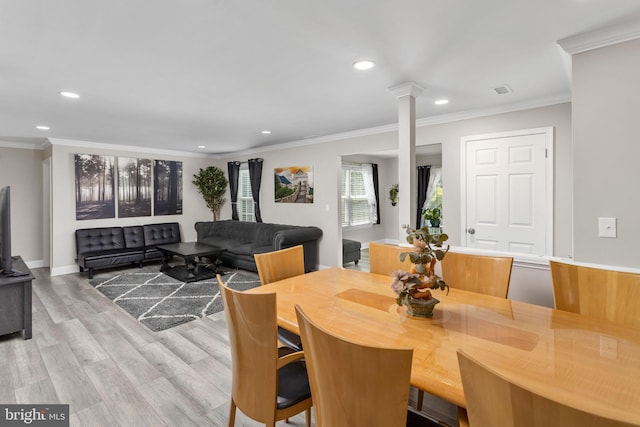 708 Zlotkin Cir, Freehold, NJ 07728 - dining room featuring recessed lighting, light wood finished floors, decorative columns, and ornamental molding