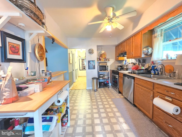 53 Valley Rd, Mount Ephraim, NJ 08059 - kitchen with appliances with stainless steel finishes, light floors, brown cabinetry, ceiling fan, and under cabinet range hood