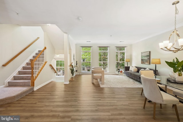 622 Main St Unit 622B, Gaithersburg, MD 20878 - living room with a chandelier, wood finished floors, stairs, and crown molding
