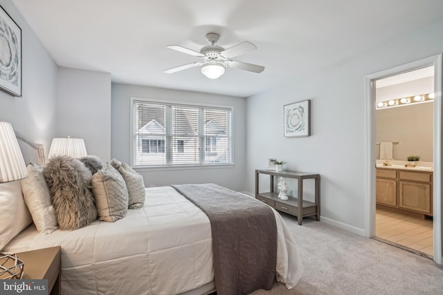 3818 White Post Ct, Alexandria, VA 22304 - bedroom featuring light carpet, connected bathroom, and a ceiling fan