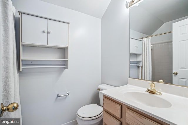 3818 White Post Ct, Alexandria, VA 22304 - bathroom featuring vanity, lofted ceiling, and a shower with curtain