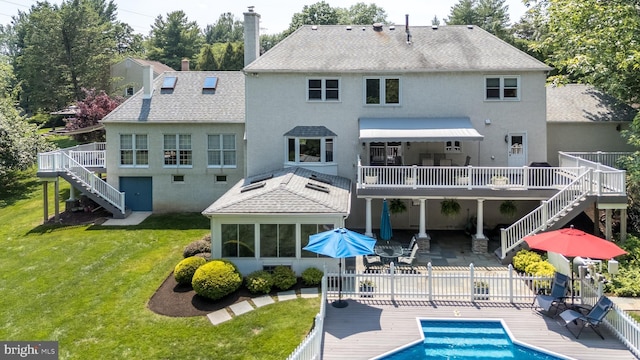 760 Audubon Dr, North Wales, PA 19454 - rear view of property with stairs, a wooden deck, stucco siding, and a chimney