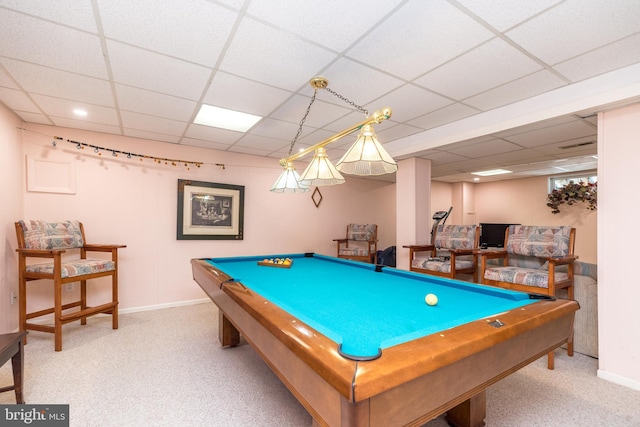 760 Audubon Dr, North Wales, PA 19454 - playroom featuring carpet floors, a drop ceiling, and billiards table