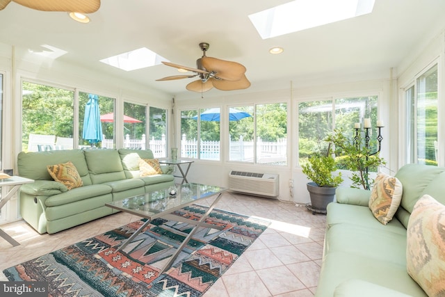 760 Audubon Dr, North Wales, PA 19454 - sunroom featuring a skylight, plenty of natural light, a wall unit AC, tile patterned floors, and recessed lighting
