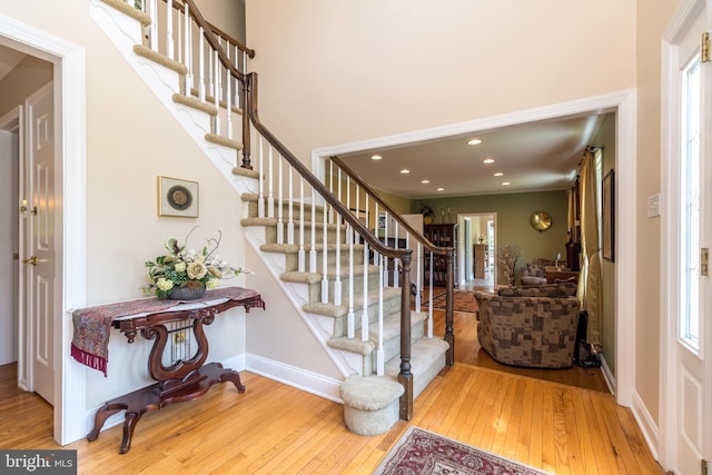 760 Audubon Dr, North Wales, PA 19454 - entrance foyer with wood-type flooring, stairs, and recessed lighting