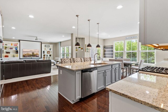 29 Carrington Way, Marlton, NJ 08053 - kitchen featuring stainless steel dishwasher, dark wood-style floors, light stone counters, gray cabinetry, and decorative light fixtures