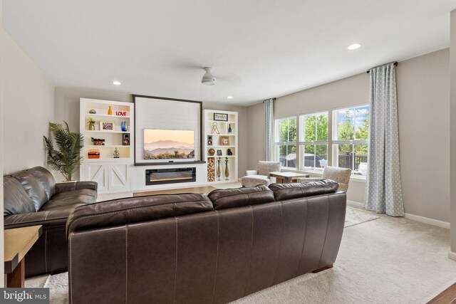 29 Carrington Way, Marlton, NJ 08053 - living room with recessed lighting, light colored carpet, and a glass covered fireplace