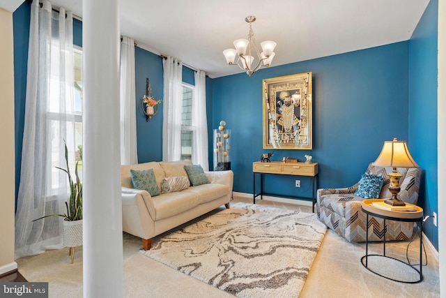 29 Carrington Way, Marlton, NJ 08053 - carpeted living area featuring a chandelier and baseboards