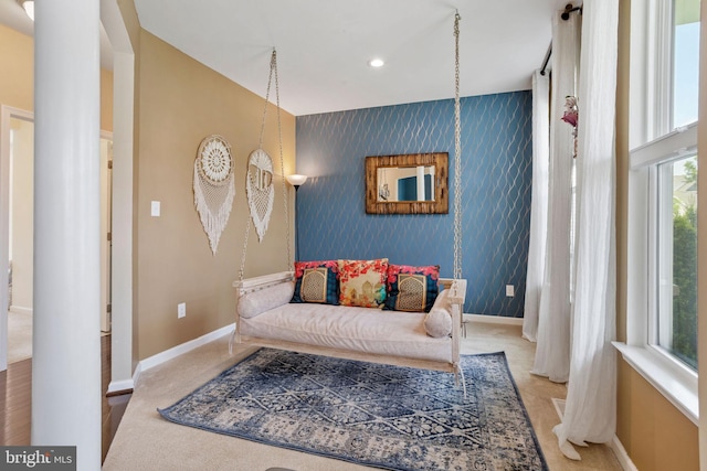 29 Carrington Way, Marlton, NJ 08053 - carpeted living area featuring an accent wall, wallpapered walls, and recessed lighting