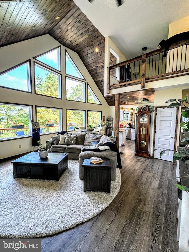 532 Buck Mountain Blvd, Hazle Township, PA 18202 - living area featuring wood finished floors, high vaulted ceiling, and wood ceiling