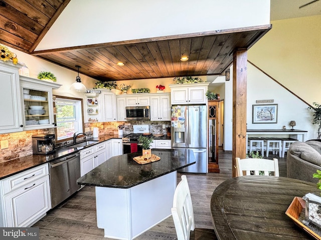 532 Buck Mountain Blvd, Hazle Township, PA 18202 - kitchen featuring appliances with stainless steel finishes, wood ceiling, dark wood-style flooring, decorative backsplash, and recessed lighting