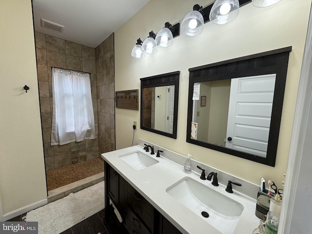 532 Buck Mountain Blvd, Hazle Township, PA 18202 - bathroom featuring a walk in shower, double vanity, and wood finished floors