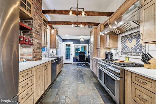 12353 Barbee Rd, Bristow, VA 20136 - kitchen with stainless steel appliances, wall chimney range hood, stone tile floors, beamed ceiling, and glass insert cabinets