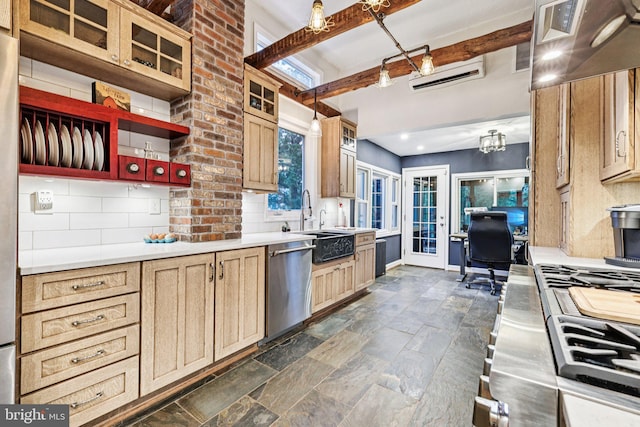 12353 Barbee Rd, Bristow, VA 20136 - kitchen featuring dishwasher, a wall unit AC, dark stone finish floors, beamed ceiling, and tasteful backsplash