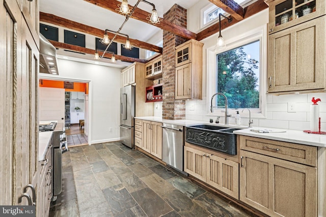 12353 Barbee Rd, Bristow, VA 20136 - kitchen with appliances with stainless steel finishes, beam ceiling, backsplash, plenty of natural light, and glass insert cabinets