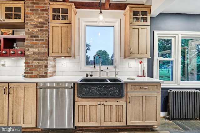 12353 Barbee Rd, Bristow, VA 20136 - kitchen featuring radiator heating unit, stainless steel dishwasher, glass insert cabinets, decorative backsplash, and light countertops