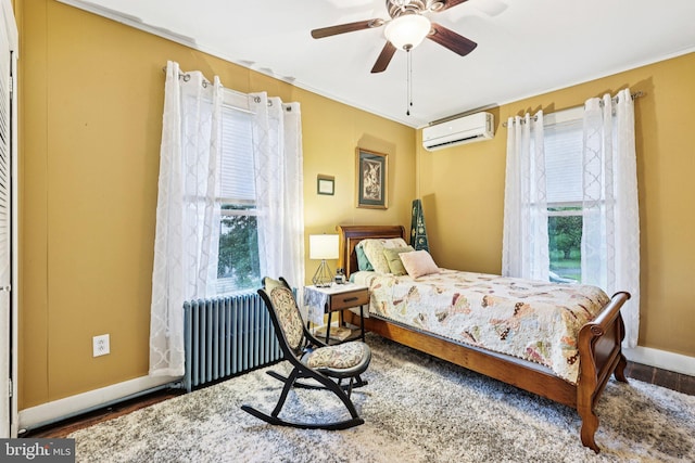 12353 Barbee Rd, Bristow, VA 20136 - bedroom featuring an AC wall unit, radiator, multiple windows, ornamental molding, and a ceiling fan