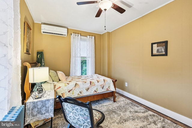 12353 Barbee Rd, Bristow, VA 20136 - bedroom featuring a wall mounted air conditioner, radiator heating unit, wood finished floors, ceiling fan, and ornamental molding
