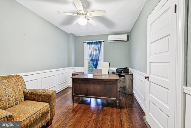 12353 Barbee Rd, Bristow, VA 20136 - home office with a wall mounted AC, dark wood-style floors, ceiling fan, a wainscoted wall, and a decorative wall