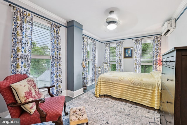12353 Barbee Rd, Bristow, VA 20136 - bedroom featuring a wall mounted air conditioner, ornamental molding, multiple windows, and wood finished floors