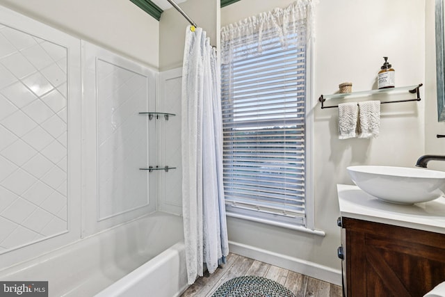 12353 Barbee Rd, Bristow, VA 20136 - full bathroom with vanity, shower / bathtub combination with curtain, and wood finished floors