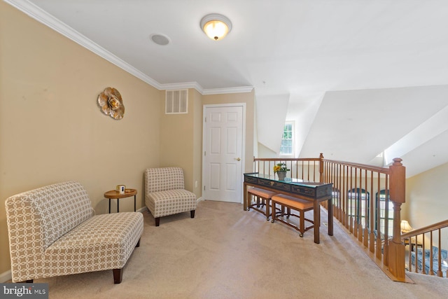 10112 Collington Campus Dr Unit 7, Bowie, MD 20721 - living area with carpet flooring, crown molding, and an upstairs landing