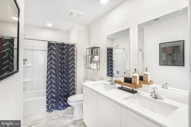 20 Hidden Brook Blvd, Dover, DE 19904 - full bathroom featuring marble finish flooring, double vanity, shower / bath combo with shower curtain, and recessed lighting