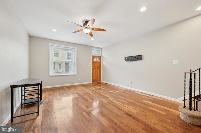 211 Dawson St, Philadelphia, PA 19128 - foyer featuring ceiling fan, light wood-style floors, and recessed lighting