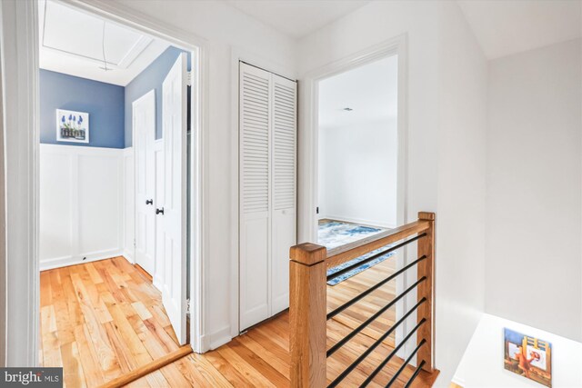 2806 S Abingdon St Unit A, Arlington, VA 22206 - hall with attic access, an upstairs landing, light wood finished floors, wainscoting, and a decorative wall