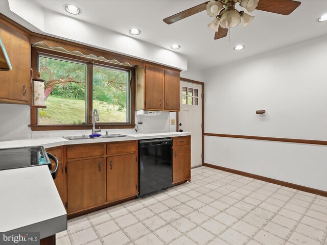 4704 Baughman Ml, Manchester, MD 21102 - kitchen featuring dishwasher, light countertops, brown cabinetry, a ceiling fan, and recessed lighting