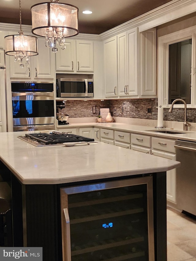 12024 Walnut Branch Rd, Reston, VA 20194 - kitchen with stainless steel appliances, beverage cooler, white cabinetry, a chandelier, and backsplash