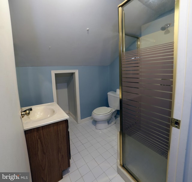 301 E Hanover St, Hanover, PA 17331 - bathroom featuring lofted ceiling, vanity, a stall shower, and tile patterned flooring