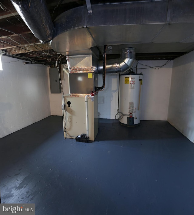 301 E Hanover St, Hanover, PA 17331 - unfinished basement featuring water heater, electric panel, concrete block wall, and heating unit