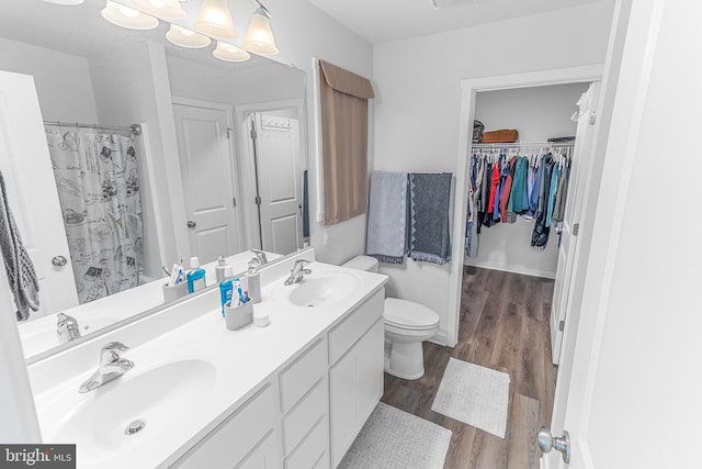 123 Hank Aaron Rd, Berkeley Springs, WV 25411 - bathroom with double vanity, wood finished floors, a spacious closet, and a shower with curtain