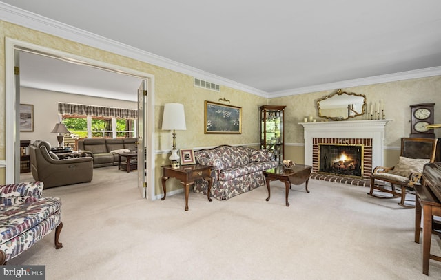 1043 Welsh Ayres Way, Downingtown, PA 19335 - living room featuring carpet, a brick fireplace, ornamental molding, and wallpapered walls